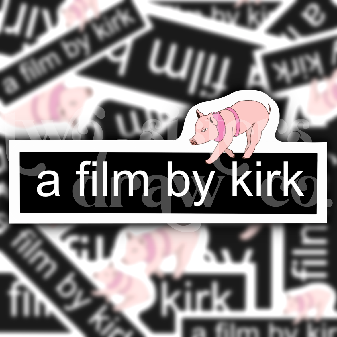 Gilmore Girls sticker with the text 'a film by kirk' and a mini pig on top on a patterned background.