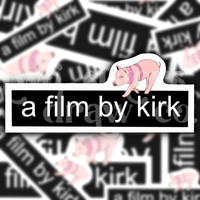 Gilmore Girls sticker with the text 'a film by kirk' and a mini pig on top on a patterned background.
