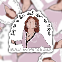 Illustrated Emily Gilmore sticker with "buy me a boa and drive me to Reno because I am open for business" quote in black script on a white background.