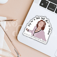 Illustrated Emily Gilmore sticker with "buy me a boa and drive me to Reno because I am open for business" quote in black script on a white background on a laptop.