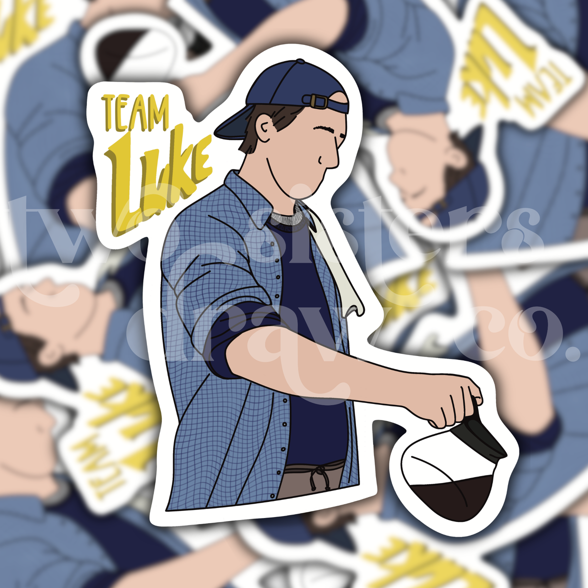 Hand-drawn sticker of Luke Danes pouring coffee with the text ‘Team Luke’ with a patterned background. 