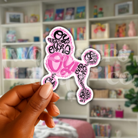 Hand holding a Gilmore Girls-inspired hand-drawn pink poodle filled with the word 'Oy!' sticker in front of a book case.