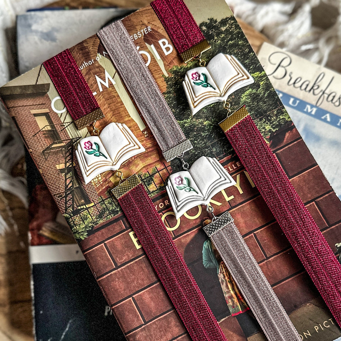 Storybook Rose Bookmark | Handmade Open Book Clay Page Holder
