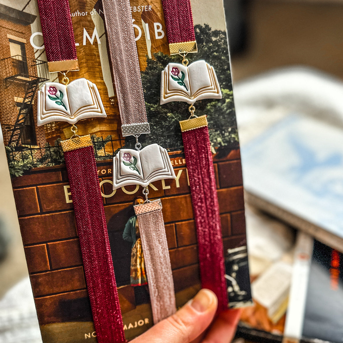 Storybook Rose Bookmark | Handmade Open Book Clay Page Holder