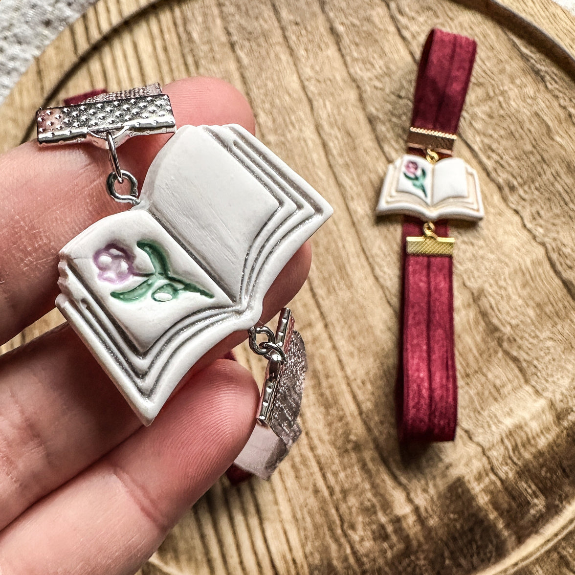 Storybook Rose Bookmark | Handmade Open Book Clay Page Holder