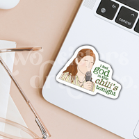 Hand-drawn sticker of Pam Beesley with a microphone and the text ‘I feel God in this Chili’s tonight’ on a laptop.