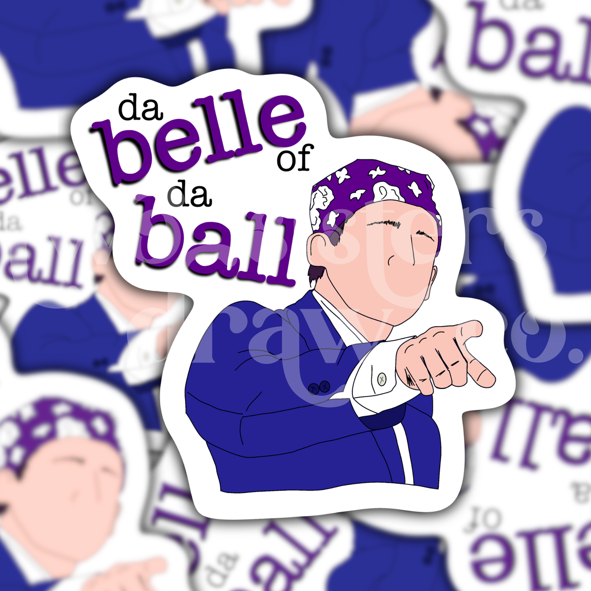 Hand-drawn sticker of Michael Scott pointing and wearing a purple bandana with the text 'da belle of da ball' on a patterned background.