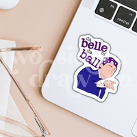 Hand-drawn sticker of Michael Scott pointing and wearing a purple bandana with the text 'da belle of da ball' on a laptop.