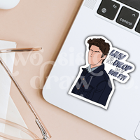 Hand-drawn Jess Mariano sticker with the text ‘why did you drop out of Yale?!’ beside him, placed on a laptop. 