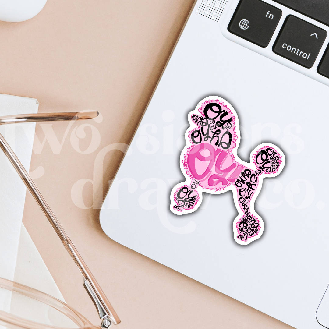 Gilmore Girls-inspired hand-drawn pink poodle filled with the word 'Oy!' sticker on a laptop.